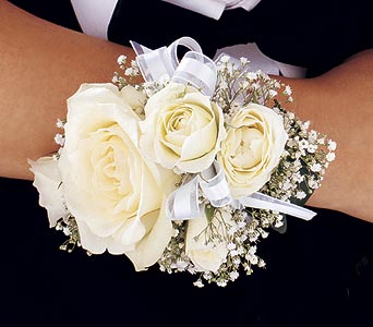 Carnation Flower Picture on Wrist Corsage With White Roses  Baby S Breath And Ribbon Accent
