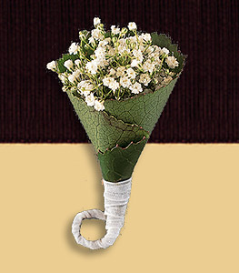 Gypsophilia boutonniere with twisted galax leaves