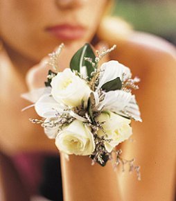 White mini roses corsage with accents of caspia and ribbon