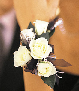 White mini roses corsage with accents of caspia and ribbon