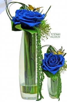 Blue preserved roses in glass