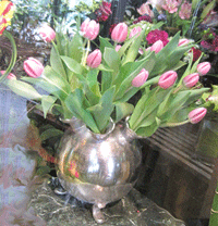 Valentines Tulips Arrangement in a silver footed bowl by Paolo Calvenzani