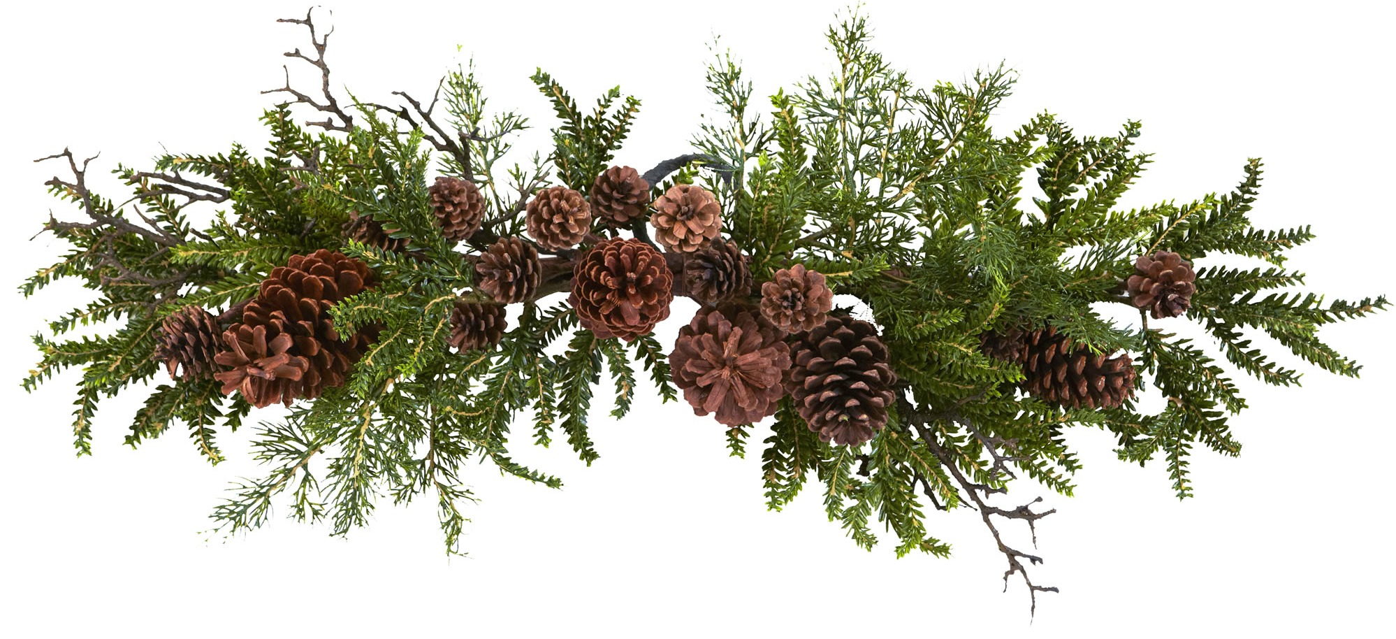 30" Green and Pine Swag. Brown, bumpy faux pine cones come intertwined with pine greenery